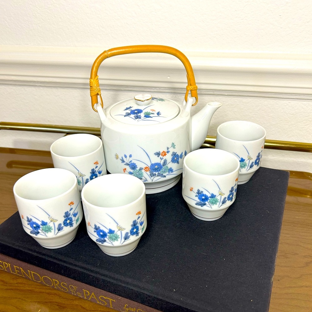Vintage Japan Sake Tea Set Teapot 5 Cups Handcrafted Blue Floral